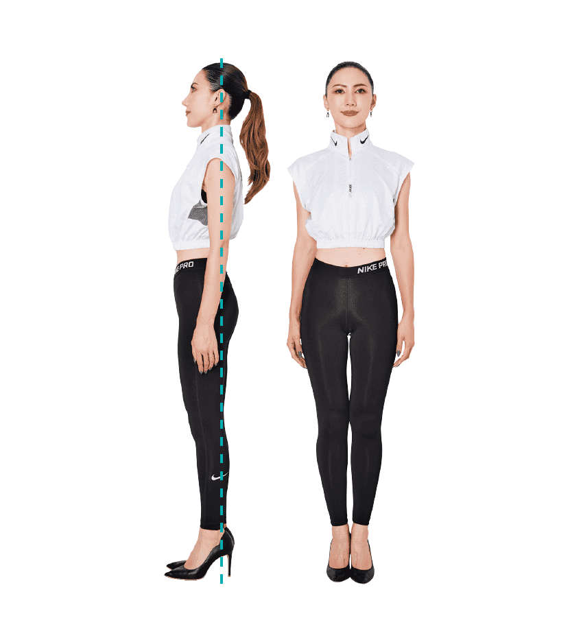 姿勢矯正によって背骨のS字カーブが整い、理想的な重心で美しく直立している女性のイメージ